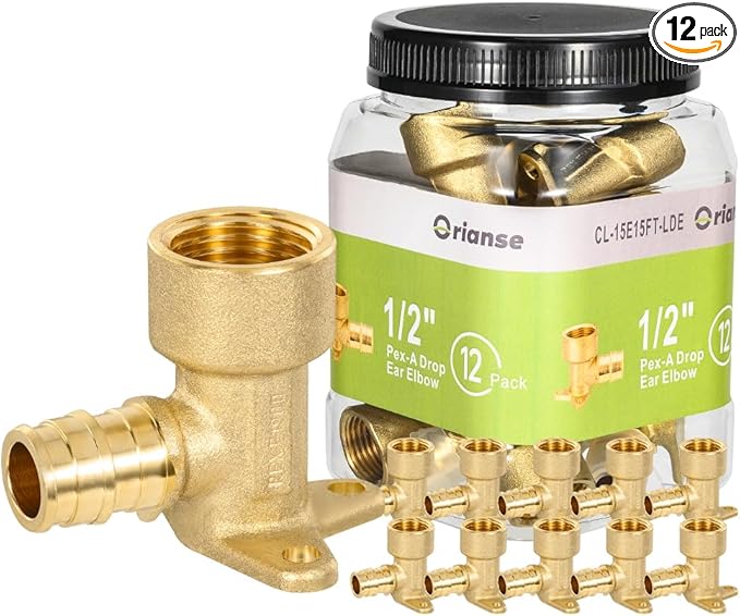 12 Pack Orianse 1/2" Brass Cold Expansion Drop Ear Elbow,1/2" PEX-A x 1/2" NPT Female Threaded Pex-A Fittings for For Pex Pipe connection, NSF/ANSI 61 NSF 372 Certificate, ASTM F1960 Certified