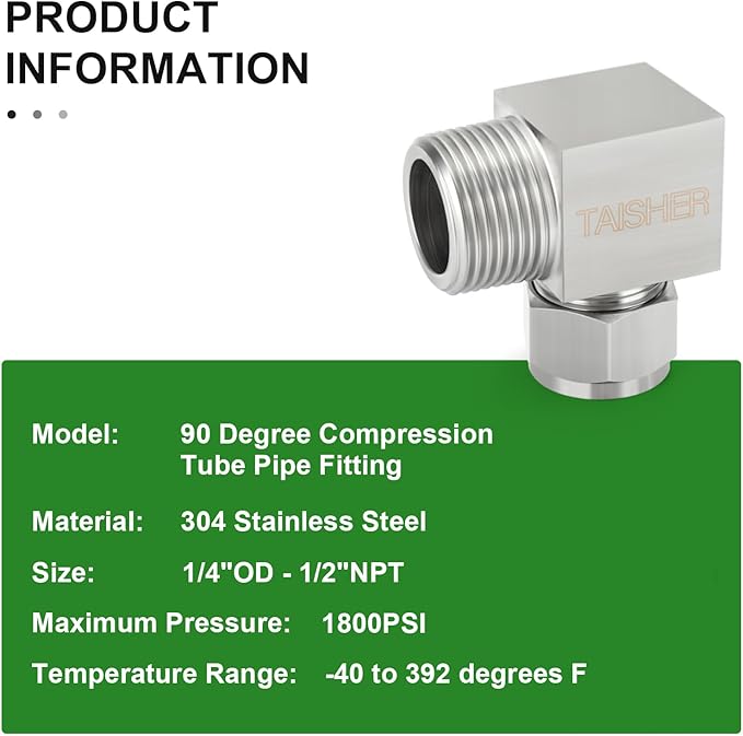 TAISHER 1PCS 304 Stainless Steel Square 90 Degree Compression Tube Pipe Fitting Connector, 1/4" Tube OD x 1/2" NPT Male Adapter