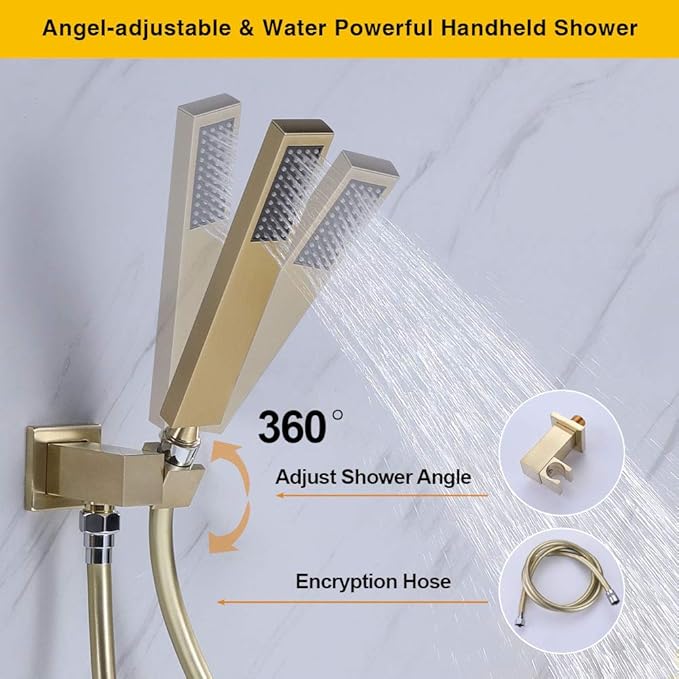 Wall Mount Bathtub Faucet with Handheld Shower, Brushed Gold Single Handle Bathroom Waterfall Tub Filler Solid Brass Tub Shower Faucet Set Rough-in Valve Trim Kit