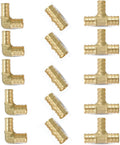 3/4" PEX Fitting Combo (15 PCS): 90 Degree Elbow (5) + Tee (5) + Straight Coupling (5), Pex Brass Crimp Fitting for PEX Pipe Connection, ASTM F1807