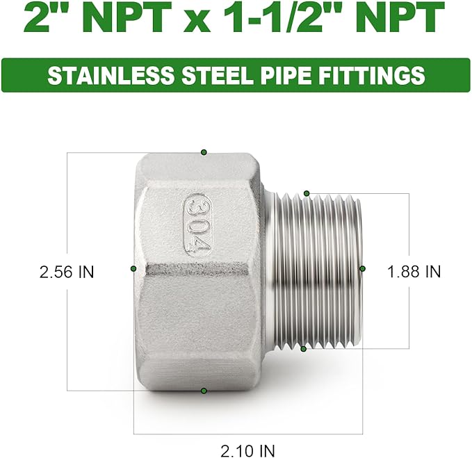 TAISHER 1PCS 304 Stainless Steel Pipe Fitting, Reducer Adapter, 1-1/2" NPT Male x 2" NPT Female