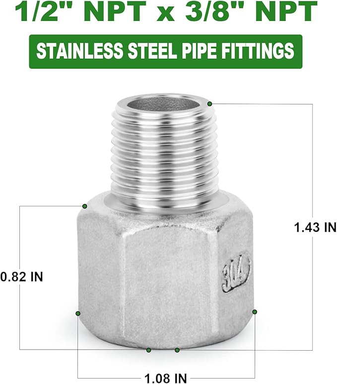 TAISHER 5PCS 304 Stainless Steel Pipe Fitting, Reducer Adapter, 3/8" Male NPTx 1/2" Female NPT