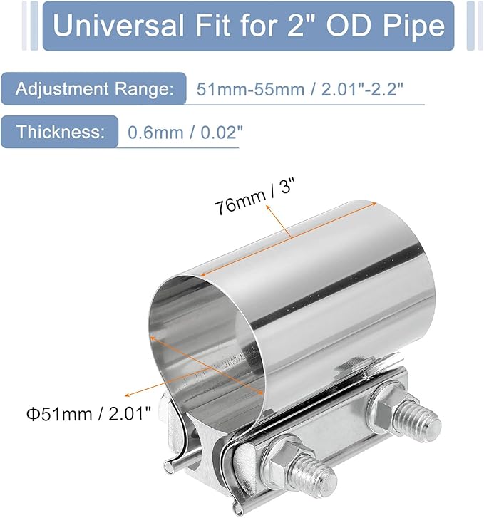 uxcell 2 Inch Exhaust Clamp, 304 Stainless Steel Butt Joint Band Clamp Sleeve Coupler Pipe Repair Clamp Universal Widening Clamp for Exhaust Pipes Mufflers, Silver