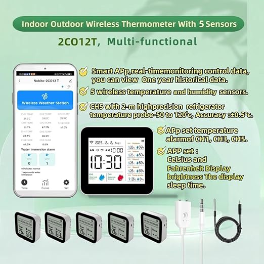 WiFi Smart Weather Station,Water Sensor Leak Detector Alarm for Kitchen, Bathroom,Flood Water Leakage,Indoor and Outdoor Wireless Temperature and Humidity Meter，Thermometer Probe for Aquarium