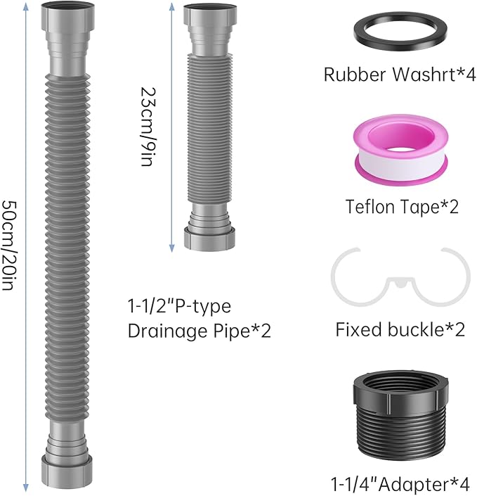 2 Packs Expandable Flexible P-Trap Pipe Kit (1 1/2" or 1 1/4") Single Kitchen Sink Drainage Solution Includes Adapter Seal Ring for Garbage Disposal - Gray
