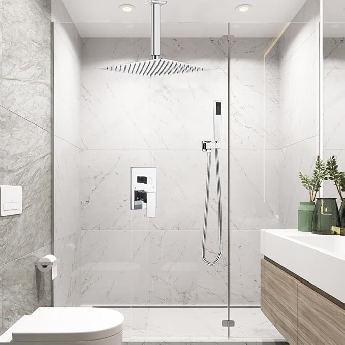 ‎Polished Chrome Shower System Bathroom 12 Inch Rain Shower Head Ceiling Mount with Handheld Luxury High Pressure Shower Combo Set Shower Faucet Rough-in Valve Body and Trim Kit