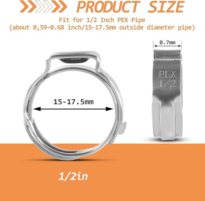 130PCS Stainless Steel Single Ear Hose Clamps 1/2 Inch PEX Cinch Clamps for Pex Tubing Pipes Fitting Connections(1/2 inch)