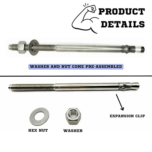 Premium 316 Stainless Steel Wedge Anchor, 1/2"-13 X 8-1/2" – Heavy Duty Corrosion Resistant Fastener for Concrete and Masonry Applications 5 Pack