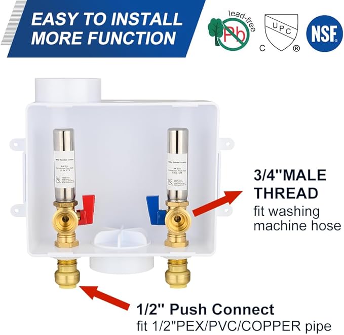 EFIELD Universal Washing Machine (Laundry) Outlet Box with Center Drain, 1/2-inch Push fit Connection With Stainless Steel Water Hammer Arrestor,(WM054)