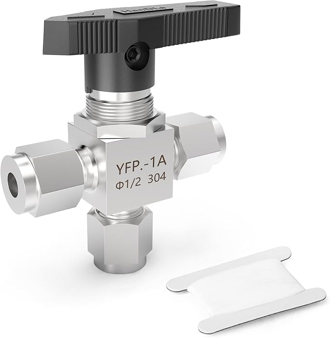 TAISHER 1PCS 304 Stainless Steel 3 Way Compression Tube Valve, 1/2" Tube OD x 1/2" Tube OD x 1/2" Tube OD Adapter
