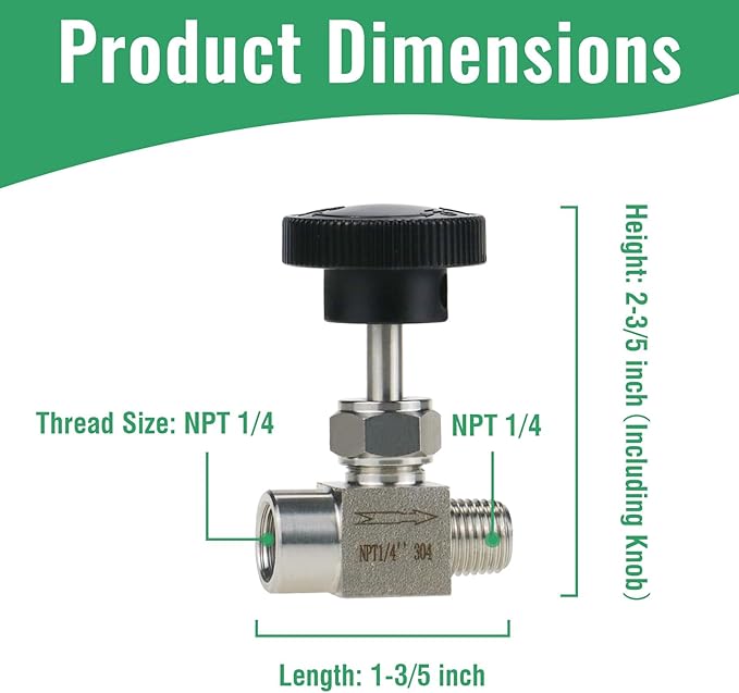 Angry Pony Stainless Steel 304 MNPT 1/4 × FNPT 1/4 female Straight Needle Valve, High Pressure Hydraulic Flow Control Valve for Water Oil Gas Systems, 900 PSI