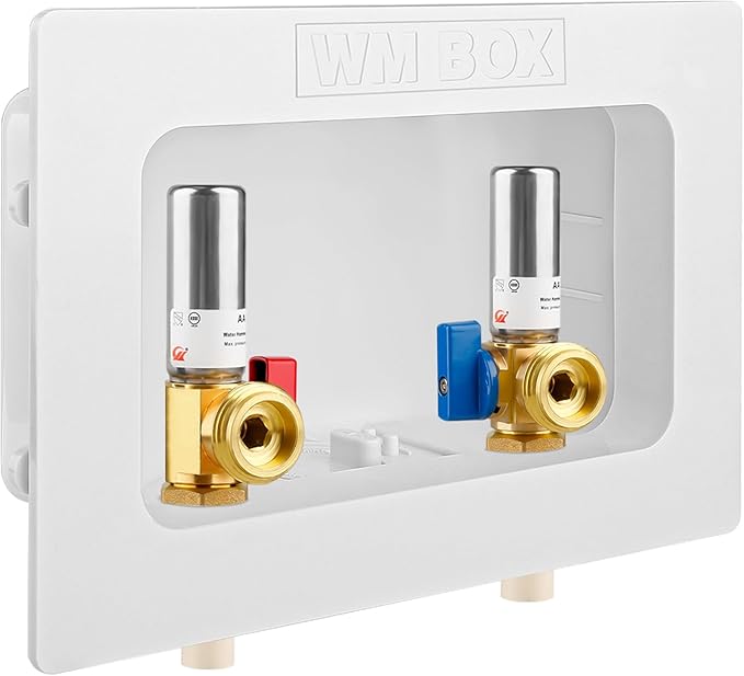 Washing Machine Outlet Box with Center Drain, 1/2" CPVC Inlet x 3/4" MHT Outlet Connection with Hot and Cold 1/4-turn Shut-off Ball Valve and Stainless Steel Water Hammer Arrestor