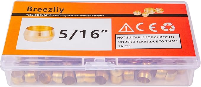 50PCS Tube O 5/16" Brass Compression Sleeves Ferrules,Brass Compression Fitting Assortment Kit (5/16" Tube OD)
