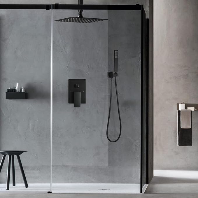 10 Inch Ceiling Mounted Shower System Rain Mixer Shower Combo Set Rainfall Shower Head System Matte Black Shower Faucet Rough-in Valve Body and Trim Kit Included