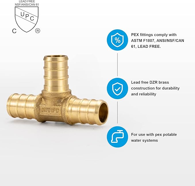 WMAXPFIT(20 Pack) 1/2 Inch PEX Tee F1807, LF Brass crimp fitting for PEX-b pipe