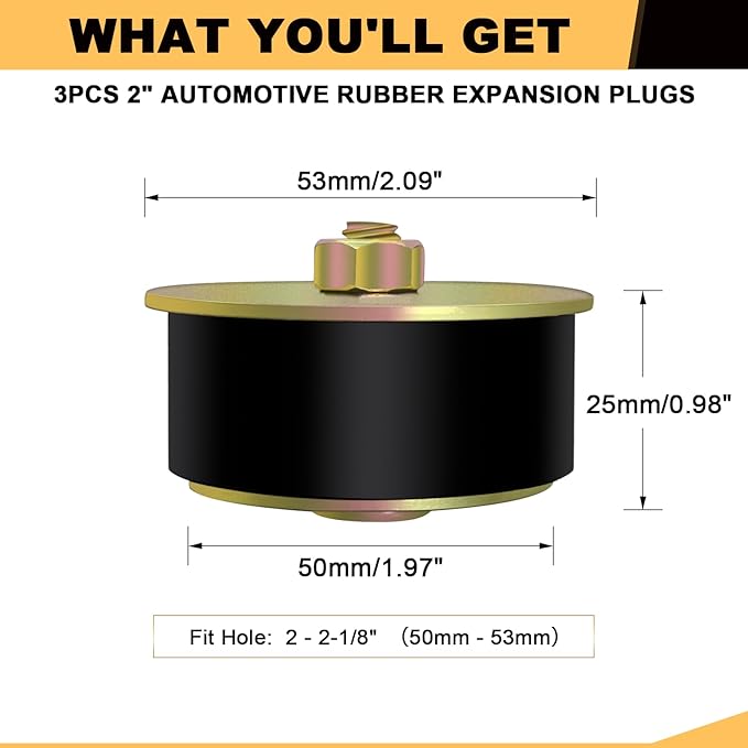 Siptenk 2" Freeze Rubber Expansion Plug 3 pcs, Automotive Rubber Expandable Freeze Plugs for Engine