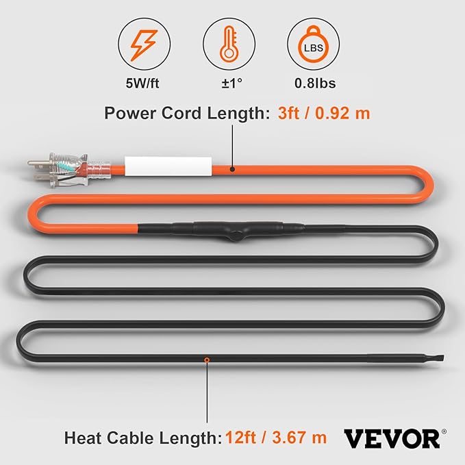 VEVOR Self-Regulating Pipe Heating Cable, 12FT 5W/FT Heat Tape for Pipes Freeze Protection, Water Pipe Heat Cable with Built-in Thermostat Protects PVC Hose, Metal and Plastic Pipe from Freezing