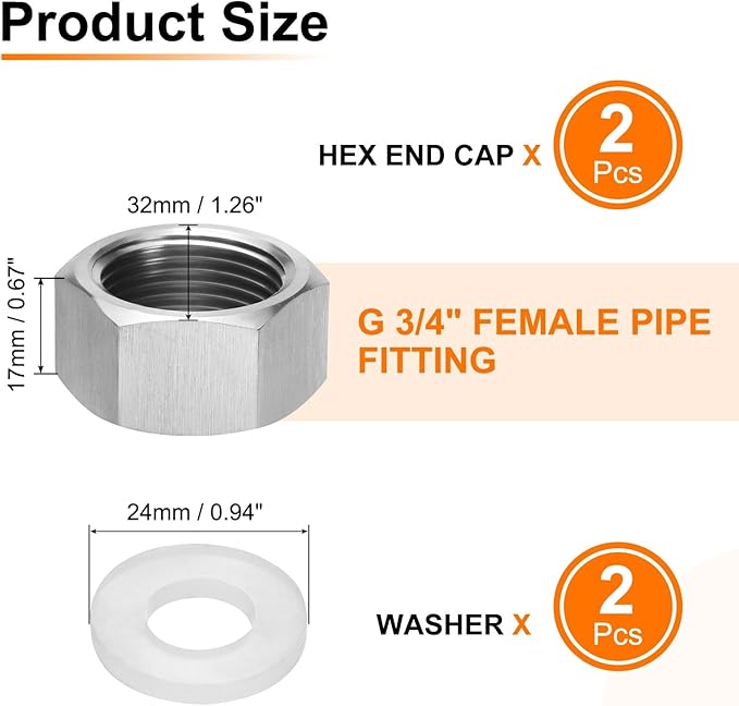 uxcell 2pcs Hex End Cap 304 Stainless Steel Nut with Washer, G3/4" Female Thread Pipe Fitting, Gas Line Water Line Stop Valve Cap Tubing Ends for Plumbing Fittings, Silver Tone