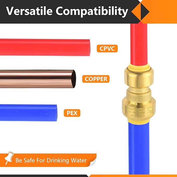30-Pack HeSun Pushfit Coupling, 1/2"x3/8" Push to Connect Plumbing Fittings with Disconnect Clip, Brass Push-fit Fittings for PEX, Copper, CPVC, PE-RT Pipes(PF156-30)