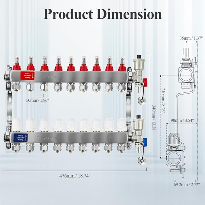 AB 9 Loops Pex/Radiant Manifold, ½ Inch Compatible Outlets, Up to 1.4 GPM Flow Valve for Hydronic Radiant Floor Heating(1/2" connectors included)