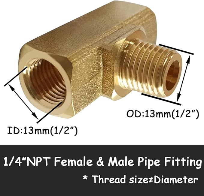 2PCS Brass Tee Pipe Fitting 1/4" NPT Female x 1/4" NPT Male x 1/4" NPT Female for Water/Oil/Gas