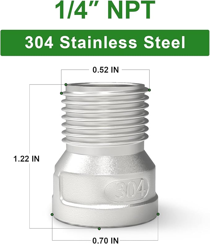 TAISHER 10PCS 304 Stainless Steel Pipe Fitting, Reducer Adapter, 1/4" Male NPTx 1/4" Female NPT