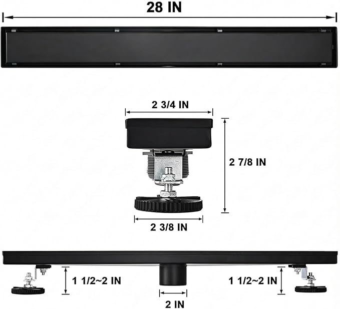 Linear Shower Floor Drain, Black 28 Inch 304 Stainless Steel Bathroom Drains Kit, Rectangular Shower Trench Drain with Reversable Tile-in Pattern Drain Cover & Hair Catcher