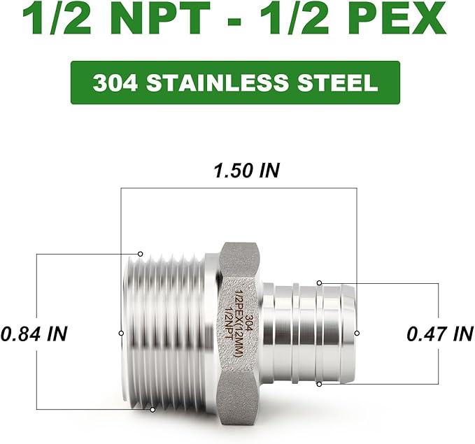 TAISHER 2PCS 304 Stainless Steel Pex Fittings,1/2" Pex x 1/2" NPT Male,1/2" Pex Fitting With 2PCS Hose Clamp For Pex Tubing Pipe
