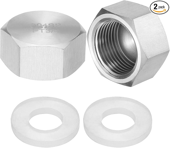 uxcell 2pcs Hex End Cap 304 Stainless Steel Nut with Washer, PT 3/4" Female Thread Pipe Fitting, Gas Line Water Line Stop Valve Cap Tubing Ends for Plumbing Fittings, Silver Tone