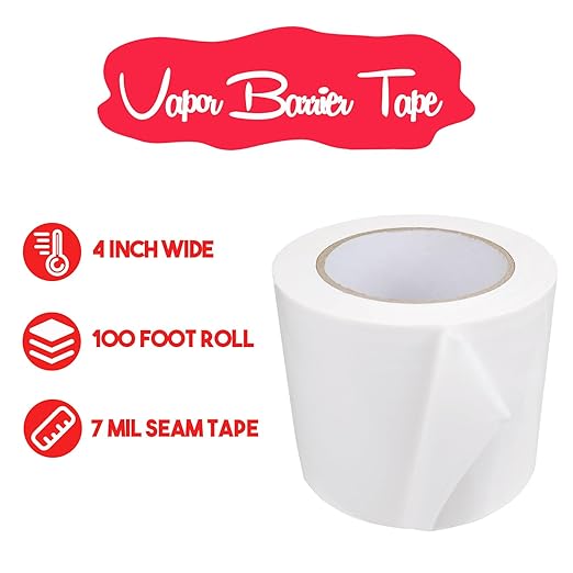 White Vapor Barrier Tape, 4 Inch x 100 Feet White Vinyl Polyethylene Seal Tape for Crawl Space, Moisture Barrier Seam, Waterproof Seam Tape, 7 Mil Poly Tape