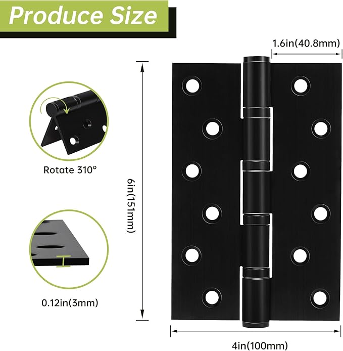 6 Pack Black Door Hinges 6 Inches Ball Bearing Hinges Heavy Duty Stainless Steel Hinge with Screws, Square Corner, Smooth and Quiet