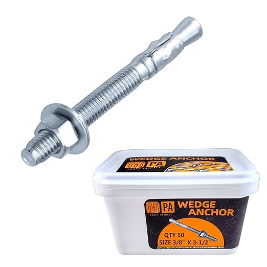 Party Animals 3/8 x 3-1/2 Inch Wedge Anchor, 50 PCs Zinc-Plated Industrial Anchor Bolts for Cement, Concrete