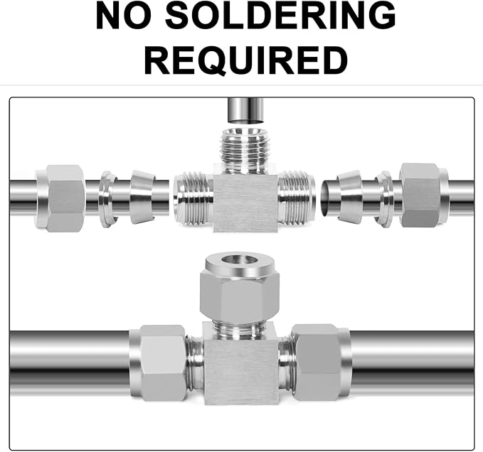 ChillWaves 304 Stainless Steel Tee Compression Tube Fitting, 1/4" OD x 1/4" OD x 1/4" OD Compression Union Connector(2-PACK)