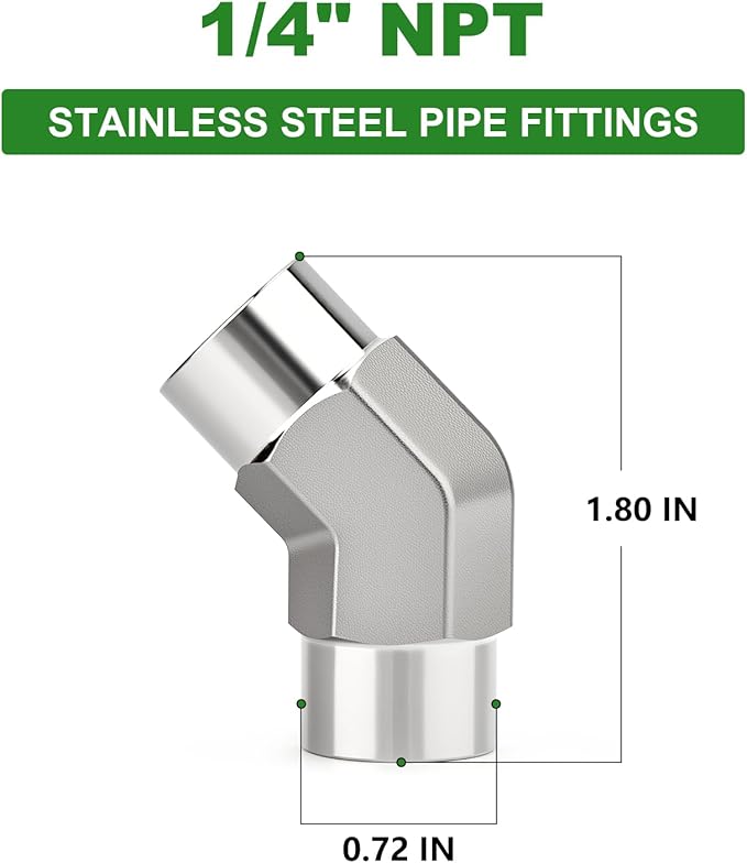 TAISHER 2PCS 304 Stainless Steel 45 Degree Barstock Street Elbow, 1/4" NPT Female x 1/4" NPT Female 304 Stainless Pipe Fitting