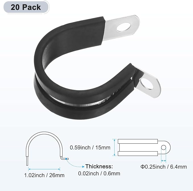 20-Pack Cable Clamps, 1-1/32 Inch/ 26 mm 304 Stainless Steel Rubber Cushioned Insulated Cable Clamp R Shape Metal Holder for Tube/Wire/Pipe/Loop Installation
