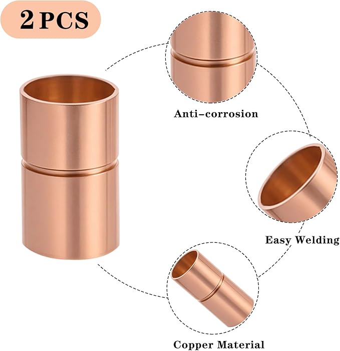 Straight Copper Coupling Fittings, 7/8 Inch Copper Pipe Welding Joint Connector Adapter for HVAC Air Conditioner, Sweat End Pipe Fitting with Rolled Tube Stop, Pack of 2