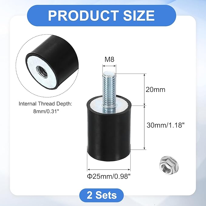 uxcell M8 Rubber Mounts, 2Pcs 24x30mm(DxH) Rubber Cylindrical Anti Vibration Isolator Shock Absorber with Lock Nut for Car Bobbin Generator Air Compressors
