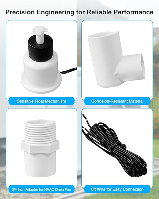 SS2 Float Switch L Shape Compatible with Safe-T-Switch, AC Float Switch for HVAC Drain Pan Condensate Outlet, AC Water Level Switch with 3/4 Inch Adapter 6Ft Wire and Tape, 2 Pack