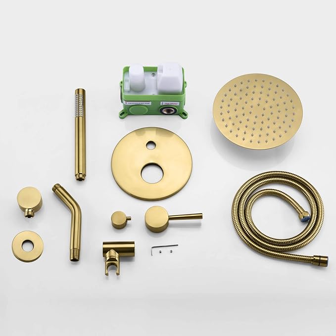 sumerain Brushed Gold Shower Faucet System with high pressure 8 Inches rain shower head and brass hand shower, Rough-In Valve Body and Trim Included