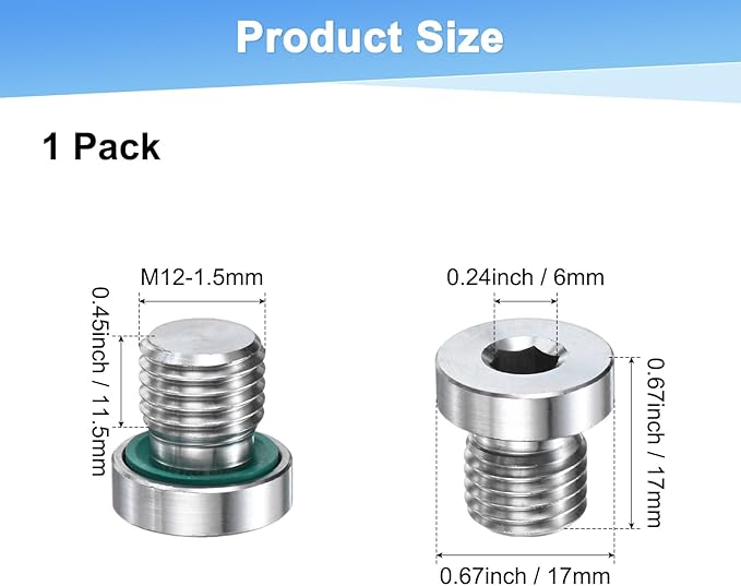 1-Pack Inner Hex Head Pipe Fitting Plug, M12x1.5mm 304 Stainless Steel Socket Bung Plug with Fluorine Sealing Ring for Terminate Pipe Ends/Replacement Drains