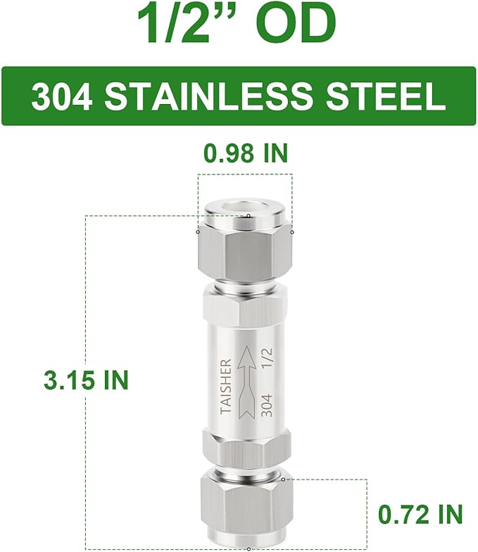 TAISHER 1PCS 304 Stainless Steel 1/2" Tube OD Check Valve(Ferrule Silver Plated),Backflow Prevention,One Way Non-Return Check Valves