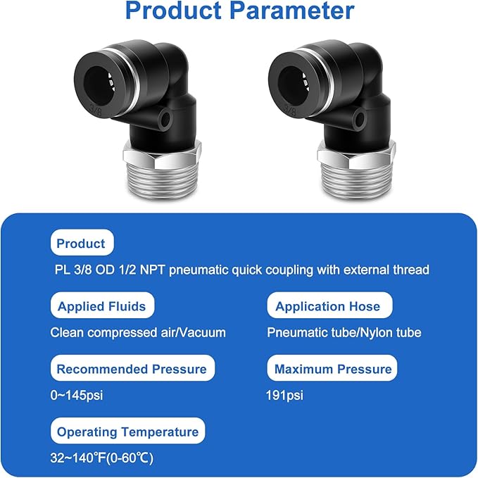 10 Pcs Push to Connect Fittings 3/8 Inch Tube OD x 1/2 Inch NPT Thread Pneumatic Male Elbow Quick Connect Air line fittings