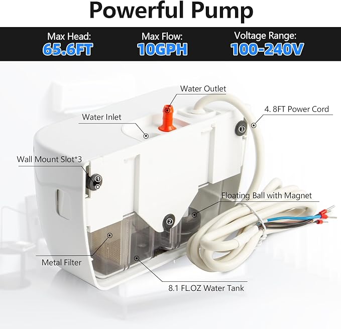 Wisewater 100-240V 65.6FT 10GPH Slient Mini Split Condensate Pump 19dB Low Noise Automatic Condensate Removal Pump with Safety Switch for HVAC Split AC HVAC Portable Air Conditioner Dehumidifiers
