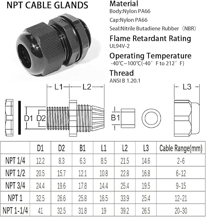 PENGLIN Cable Glands 1-1/4" NPT Nylon Cable Connector, Strain Relief Cord Connector, IP68 Waterproof Adjustable Locknut(1-1/4 Inch (12-Pack))