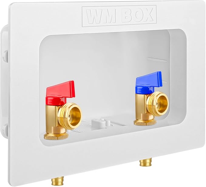 Washing Machine Outlet Box with Center Drain, 1/2" Pex-A F1960 Expansion Inlet x 3/4" MHT Outlet Connection with Hot and Cold 1/4-turn Shut-off Ball Valve