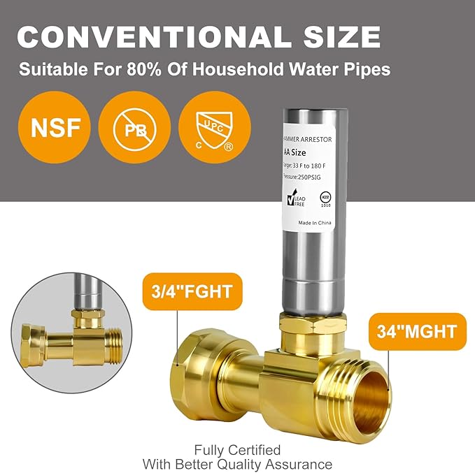 Stainless Steel Water Hammer Arrestor For Washing Machine， 3/4 Inch Swivel FHT x 3/4 Inch MHT，Designed for Washing Machine, Reduce Banging Noise