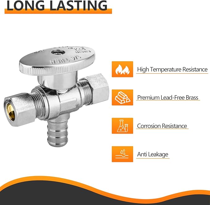50-PCs HeSun Dual Compression Outlet Angle Stop Valve, 1/2" PEX-B x 3/8" OD Comp x 3/8" OD Comp, 1/4-Turn Shut Off Valve for Bathroom, ASTM F1807(VALVE125-50)