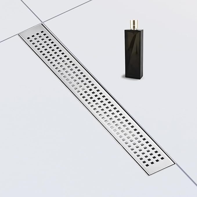 36 Inch Removable Cover Linear Shower Drain 304 Stainless Steel Rectangular Floor Drain for Kitchen Bathroom Square Hole Pattern Drain with Accessories Hair Strainer Adjustable Leveling Feet (Silver)