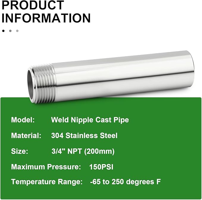 TAISHER 2PCS 304 Stainless Steel Pipe Fittings, 3/4" NPT Male Threaded, 8" Length Weld Nipple Cast Pipe