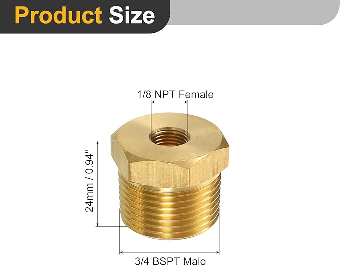 uxcell 1Pcs 3/4 BSPT Male x 1/8 NPT Female Brass Reducer Hex Bushing Threaded Pipe Fitting, Brass Threaded Pipe Fitting Adapter for Water, Gas, Oil Pipeline Systems